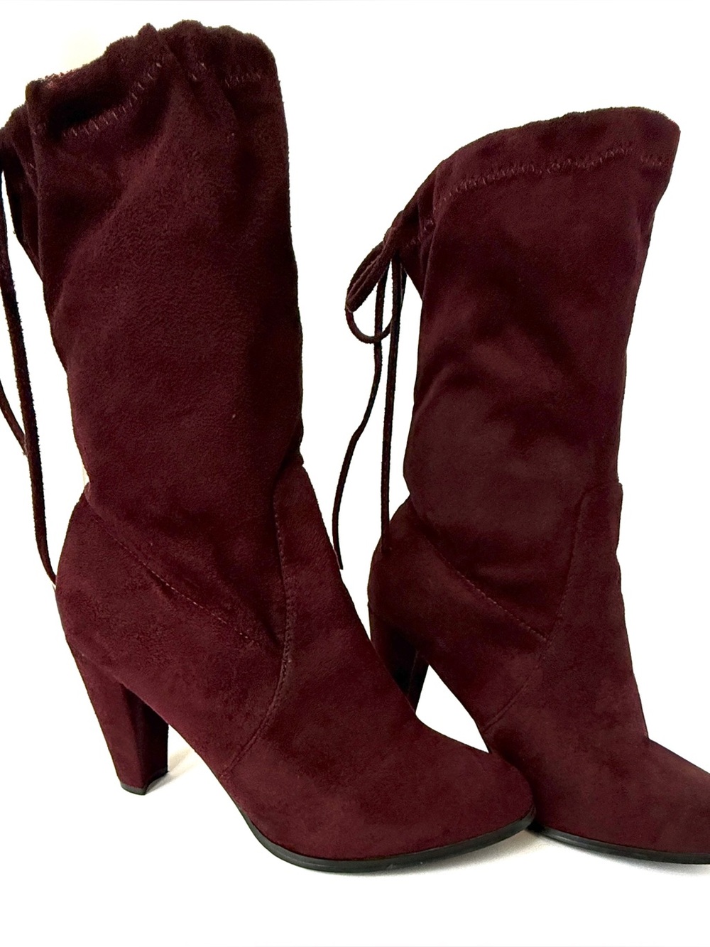 Catherine Malandrino Burgundy Faux Suede Mid-Calf Tie-Back Heeled Boots | Sz 8.5